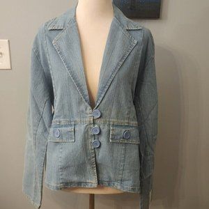 BILL BLASS Medium Stretch Denim Jacket Light Blue w/ 3 Big Blue Buttons NWT